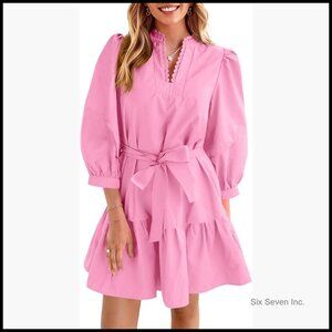 Polycotton Puff Sleeve Mini Dress with Bow Tie Waist and V Neck